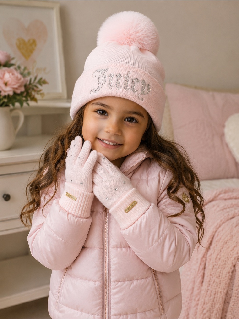 Juicy Couture Light Pink Pom Pom Beanie‎ Kids Hat and Glove Set - New